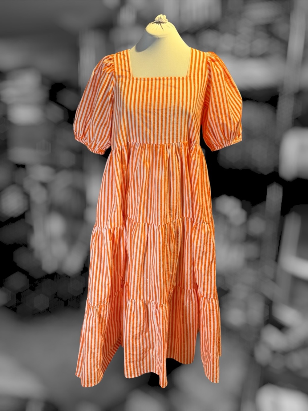 Wild & Pree Orange Striped Puff Sleeve Maxi Dress - Medium